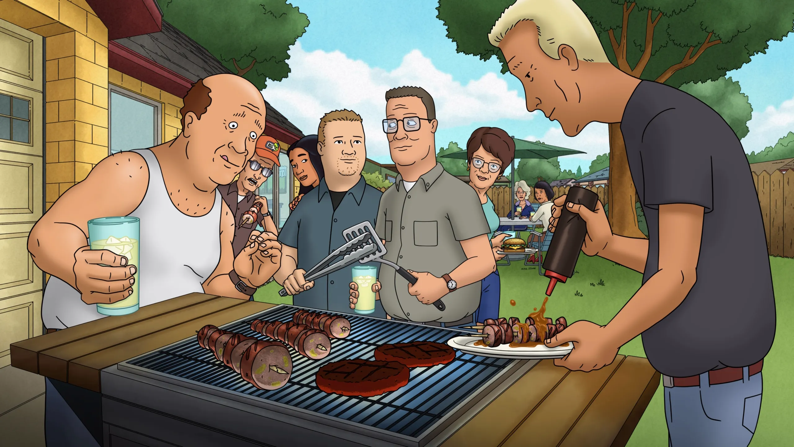 This image is a promotional scene featuring the main characters from the animated comedy series King of the Hill.
