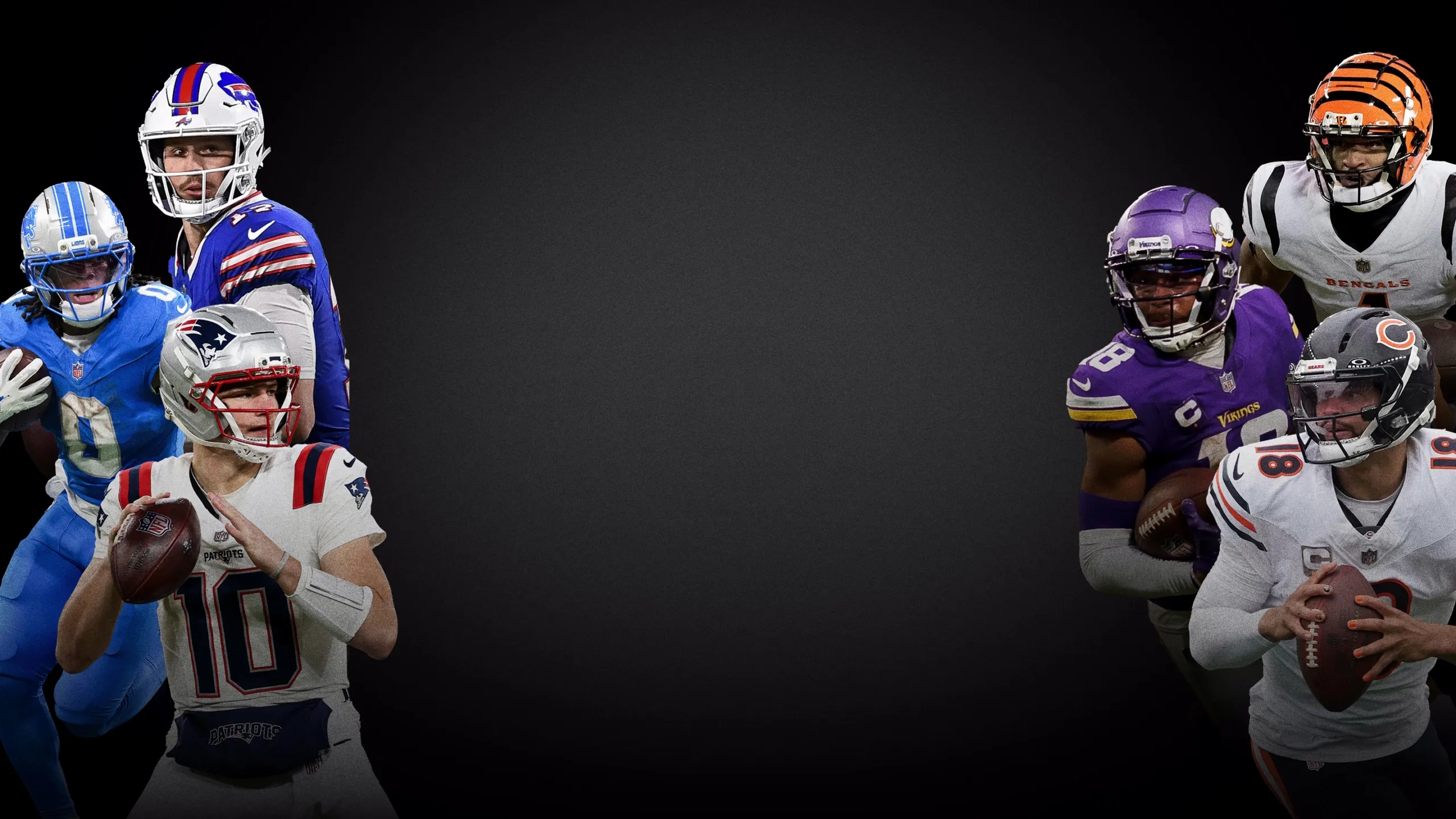 Professional football players from multiple NFL teams against a dark background.