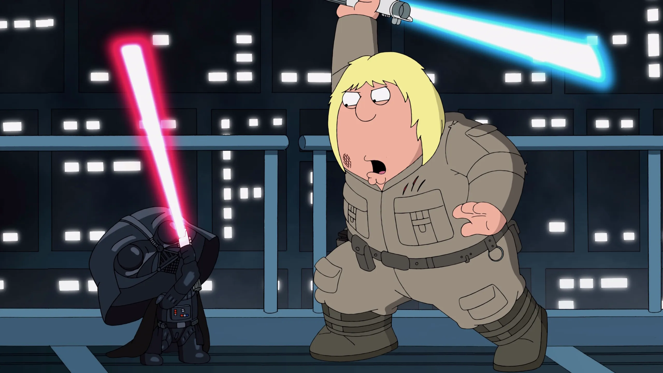 Chris Griffin as Luke Skywalker battles Stewie Griffin as Darth Vader in a lightsaber duel in Family Guy’s “Something, Something, Something, Dark Side.”