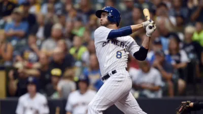 A Milwaukee Brewers MLB player at-bat during a baseball game.