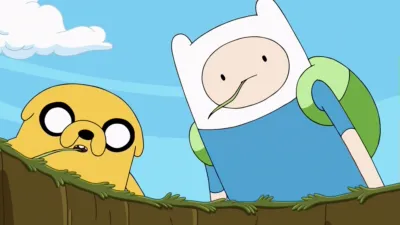Finn the Human and Jake the Dog from Adventure Time look down into a grassy pit in the Land of Ooo.