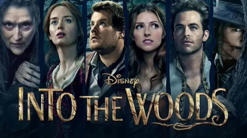 Title art for Disney’s Into the Woods featuring the film’s ensemble cast, including Meryl Streep, Emily Blunt, James Corden, Anna Kendrick, and Chris Pine, against a dark forest backdrop.