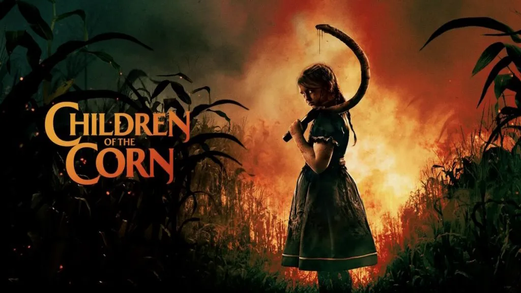 Poster for Children of the Corn showing a young girl in a dark dress standing in a burning cornfield.