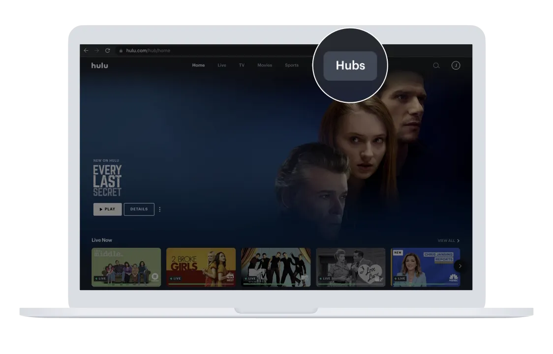 A laptop showing the Hulu Hubs web app.