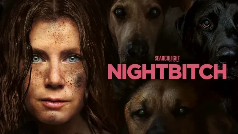Title art for Nightbitch featuring Amy Adams’ dirt-streaked face surrounded by dogs staring into the darkness.