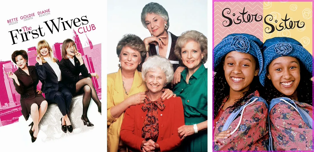 Title art for First Wives Club, Golden Girls, and Sister Sister on Hulu