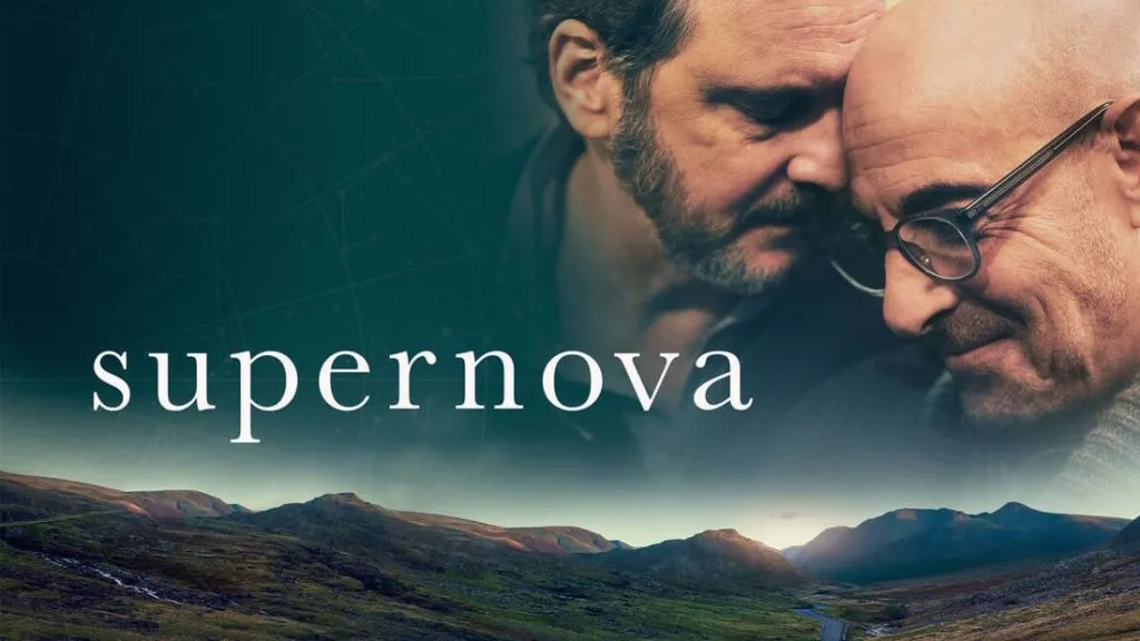 Title art for Supernova featuring Colin Firth and Stanley Tucci projected over a mountainous terrain.