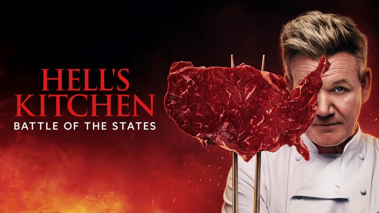 Title art for Hell’s Kitchen, a cooking reality TV show streaming on Hulu.