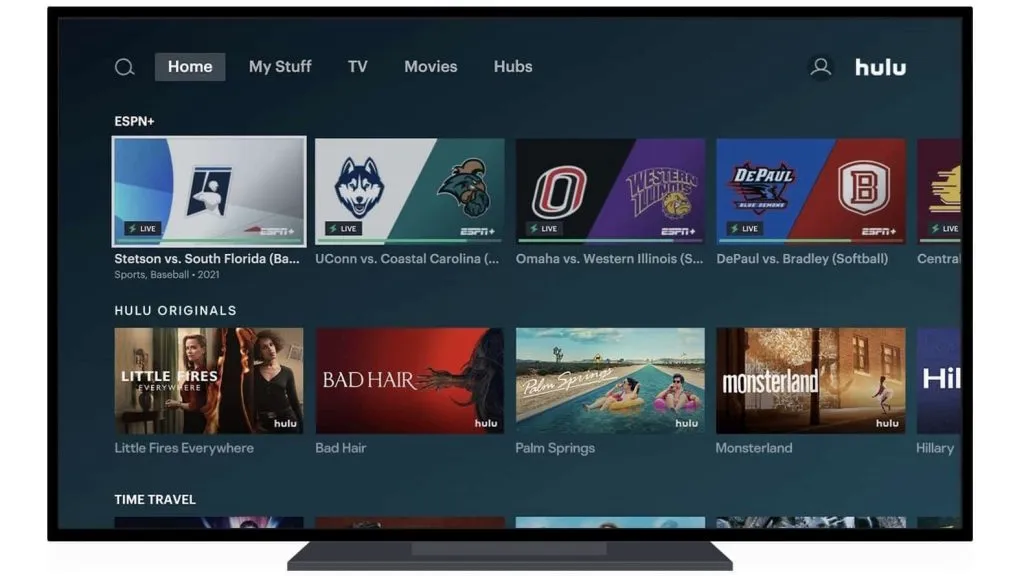 A TV screen showing the ESPN+ on Hulu in-app display.