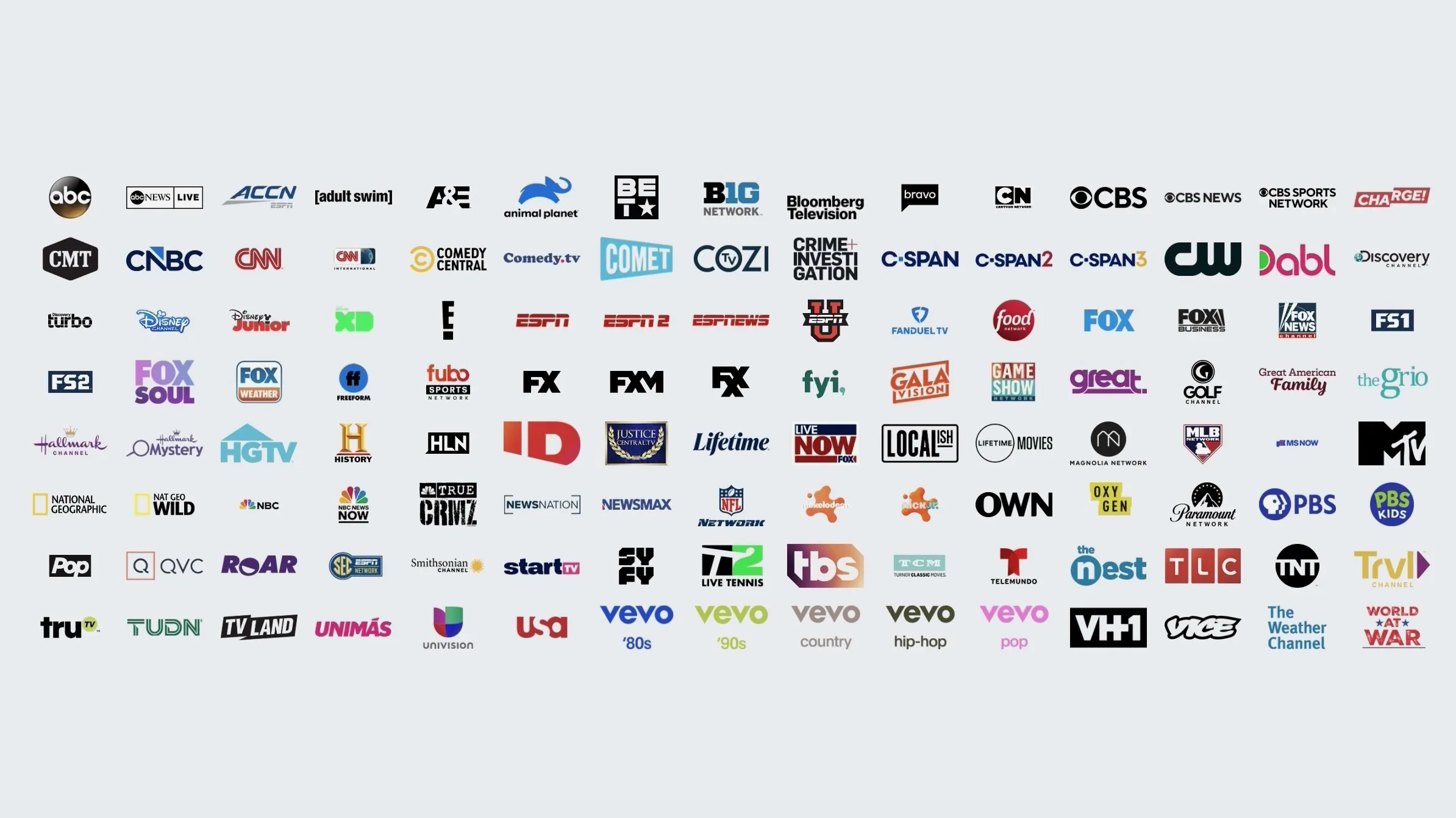Logos of the local and cable channels available to stream with Hulu + Live TV.