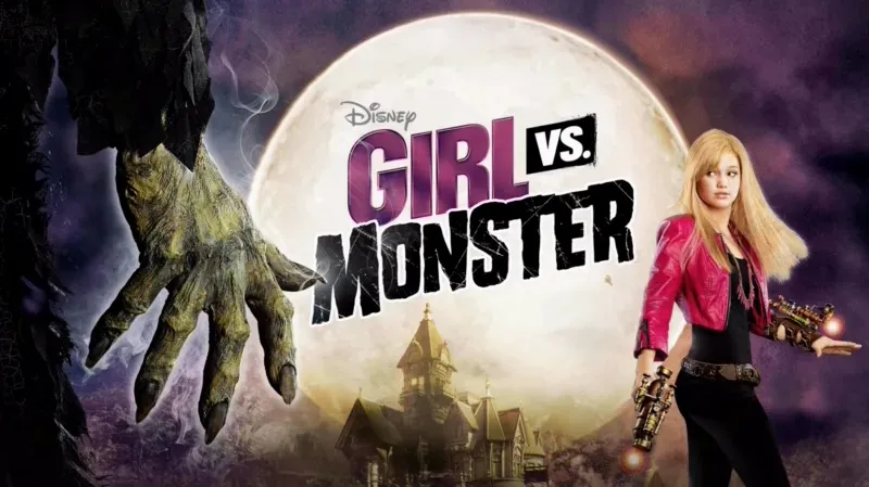 Title art for Disney’s Girl vs. Monster showing Olivia Holt holding high-tech weapons as a monster’s claw reaches toward her in front of a full moon.