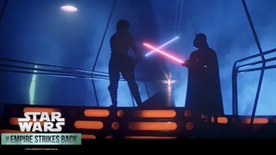 Luke Skywalker and Darth Vader face off in a lightsaber duel in Star Wars: Episode V – The Empire Strikes Back.