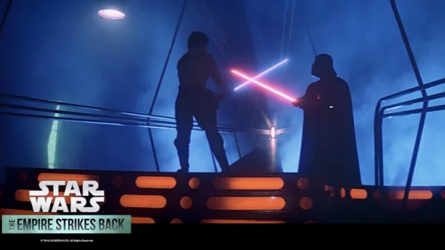 Luke Skywalker and Darth Vader face off in a lightsaber duel in Star Wars: Episode V – The Empire Strikes Back.