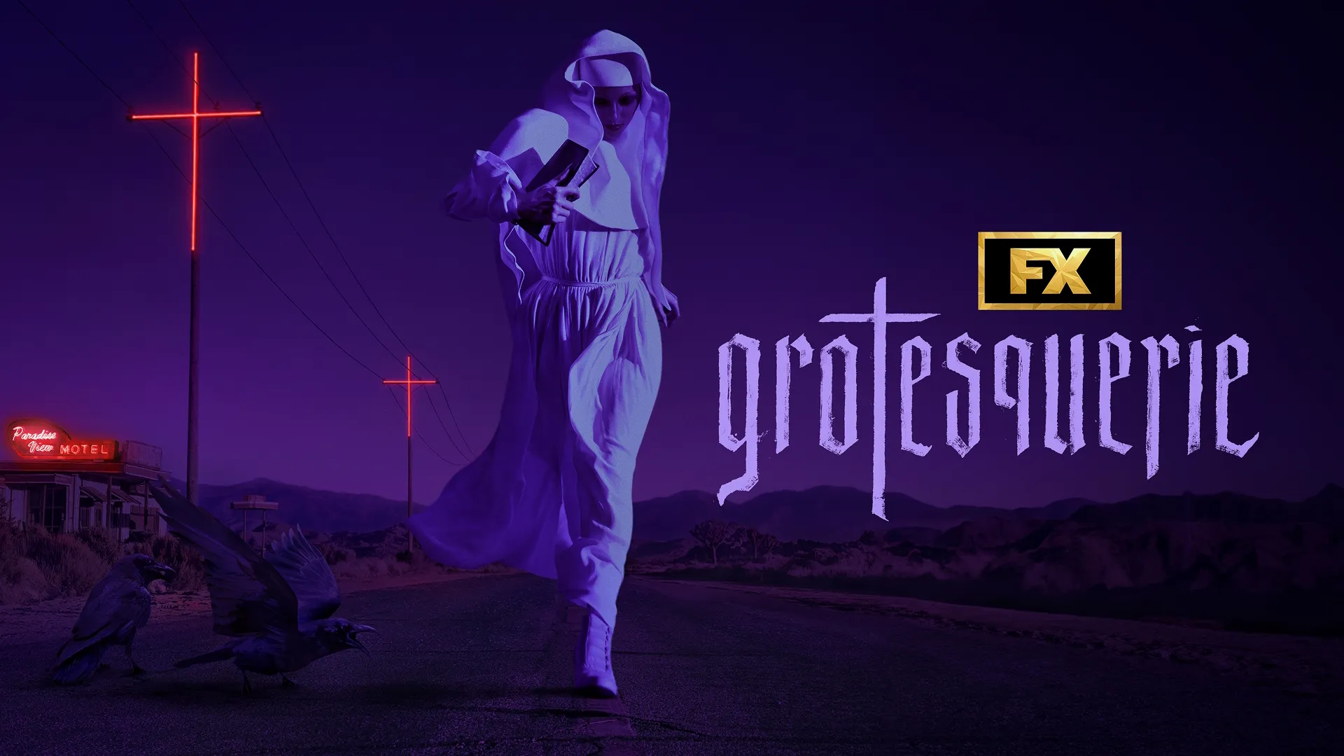 A mysterious figure in a white habit, Sister Megan (Micaela Diamond), runs down a dark, empty road at night under deep purple lighting, past a roadside motel and utility poles shaped like glowing neon-red crosses.