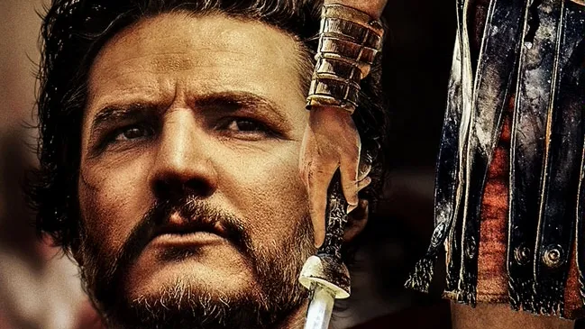 Title art for the movie, Gladiator II, featuring Pedro Pascal.