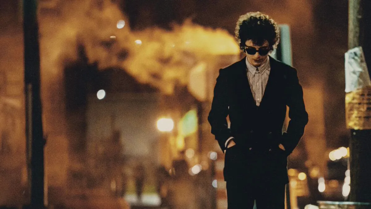 Timothée Chalamet as Bob Dylan in the Oscar-nominated movie A Complete Unknown.