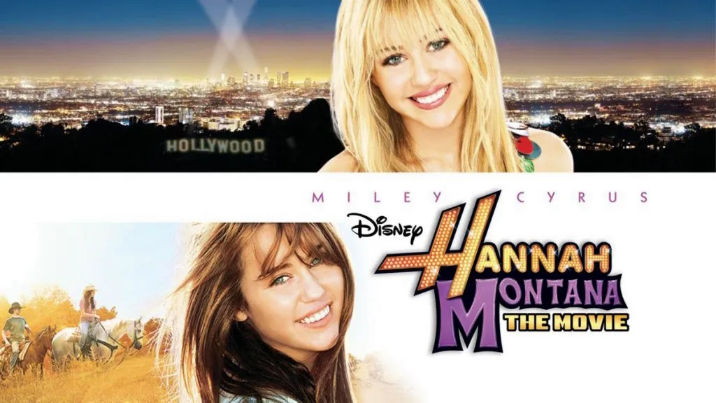 Title art for Disney’s Hannah Montana: The Movie featuring Miley Cyrus smiling as both Miley and her pop star alter ego with the Hollywood skyline behind her.