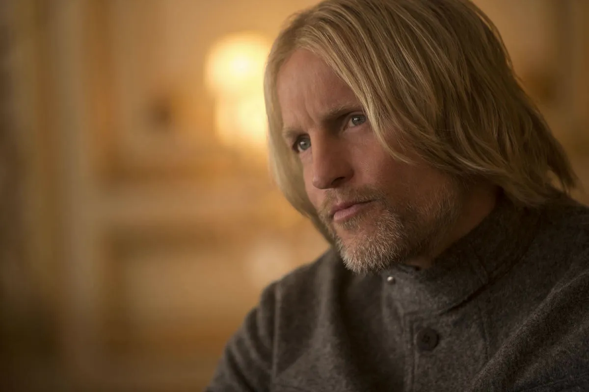 A still image of Woody Harrelson as Haymitch Abernathy in The Hunger Games saga.