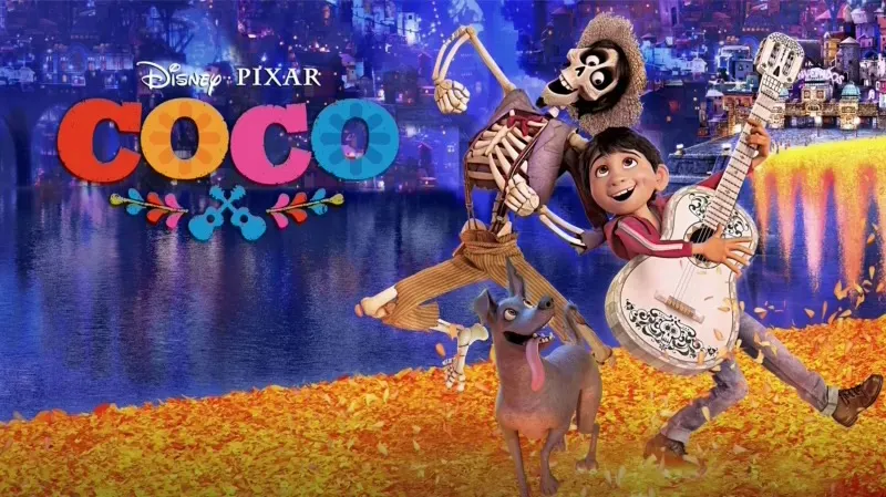 Title art for Disney and Pixar’s Coco showing Miguel playing guitar with Héctor dancing beside him on a bridge of marigold petals.