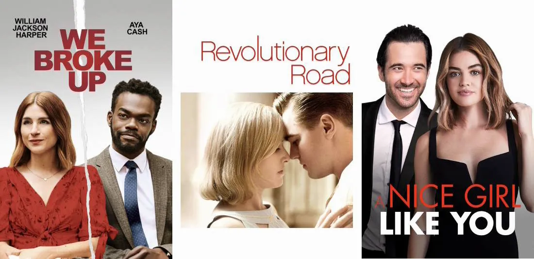 Title art for popular breakup movies on Hulu.