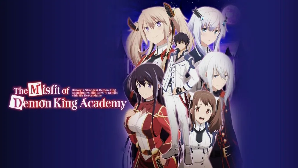 Title art for one of the best isekai anime series, The Misfit of Demon King Academy.
