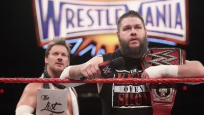 Professional wrestlers Kevin Owens and Chris Jericho during WWE’s WrestleMania 33.