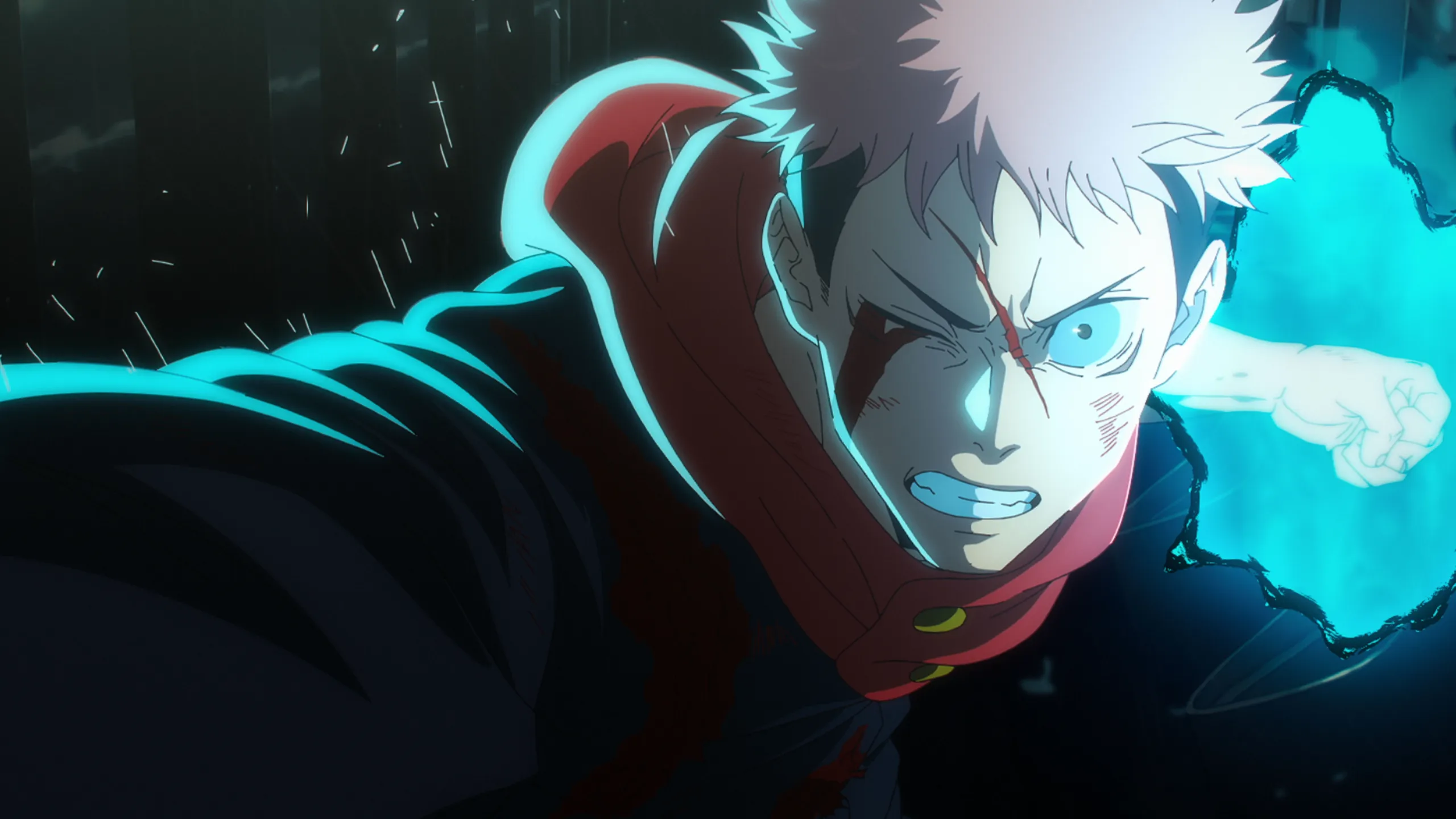 Yuji Itadori prepares to throw a punch during an intense battle in Jujutsu Kaisen.