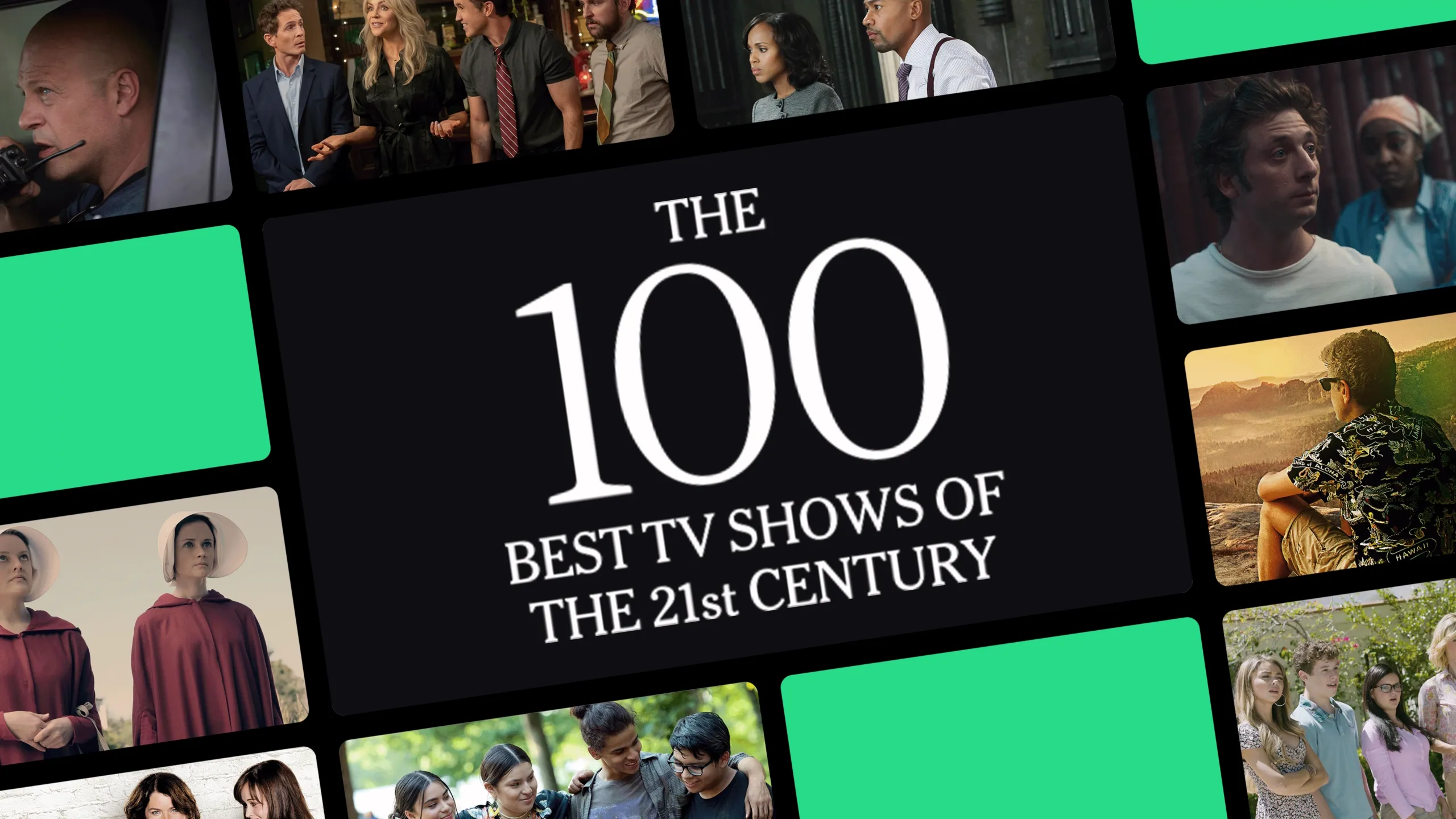 A collage of various television show posters surrounds a central black graphic text box that reads "THE 100 BEST TV SHOWS OF THE 21st CENTURY."