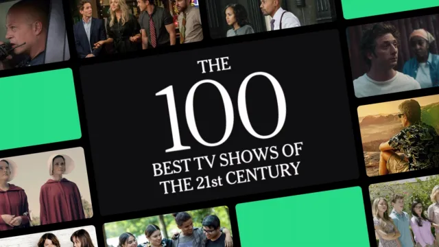 A collage of various television show posters surrounds a central black graphic text box that reads "THE 100 BEST TV SHOWS OF THE 21st CENTURY."
