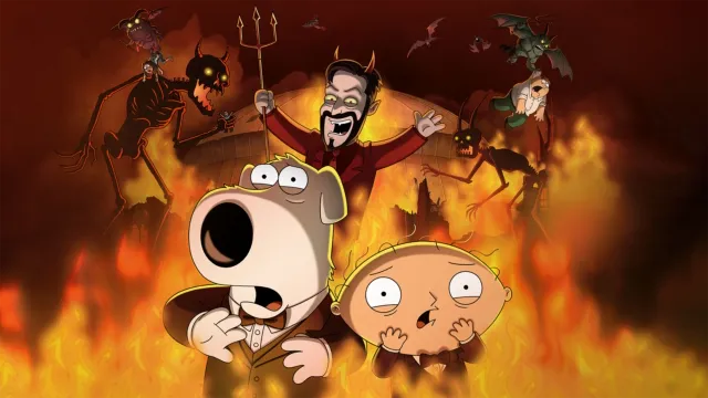 This image shows the key art for the upcoming Family Guy Halloween special "Happy Hell-o-ween".