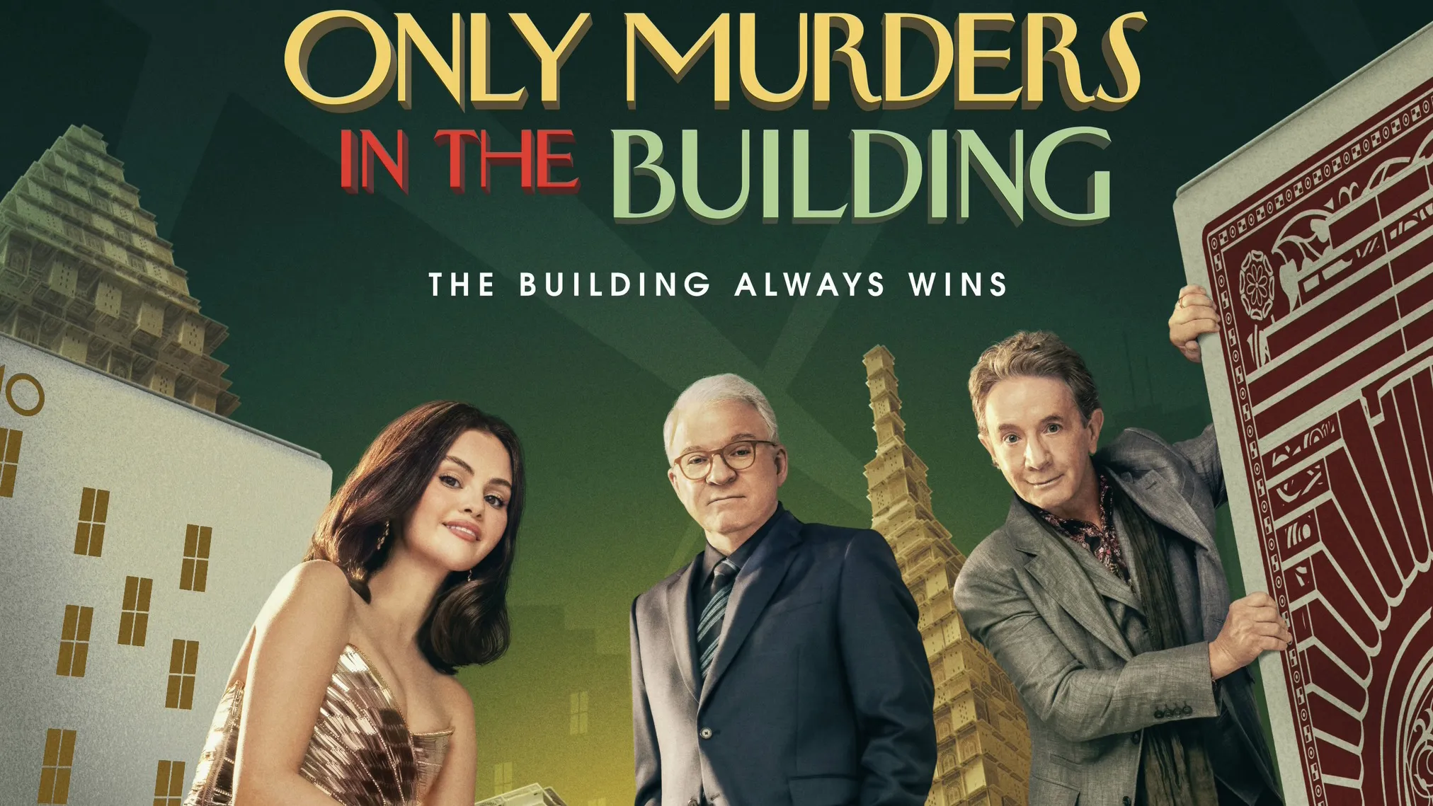 Title art for the Hulu Original series Only Murders in the Building, featuring Selena Gomez, Steve Martin, and Martin Short.