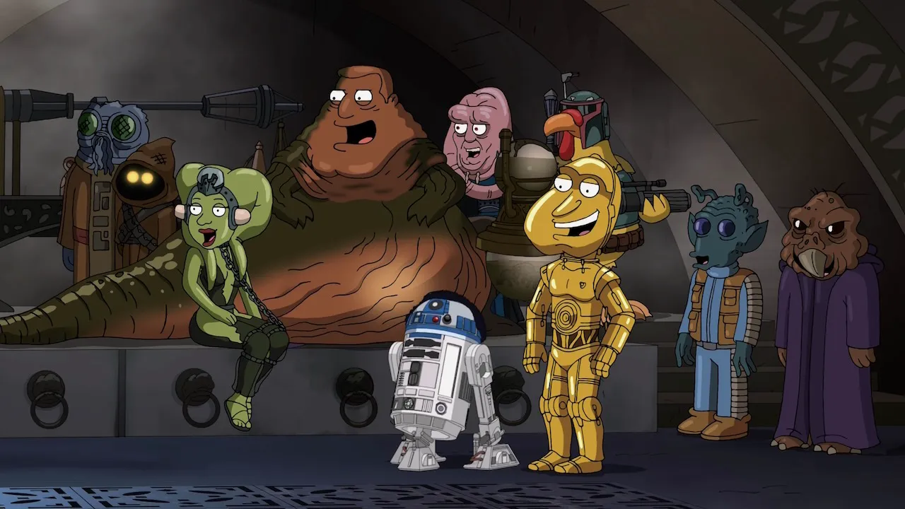 Family Guy Star Wars “It’s a Trap” Jabba’s palace scene with Joe as Jabba, Cleveland as R2-D2, Quagmire as C-3PO and the Giant Chicken as Boba Fett.