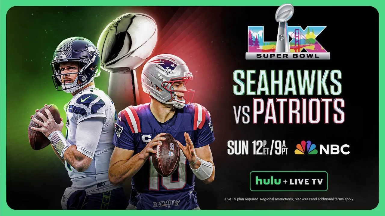 Graphic art for the Super Bowl LX NFL on Hulu.