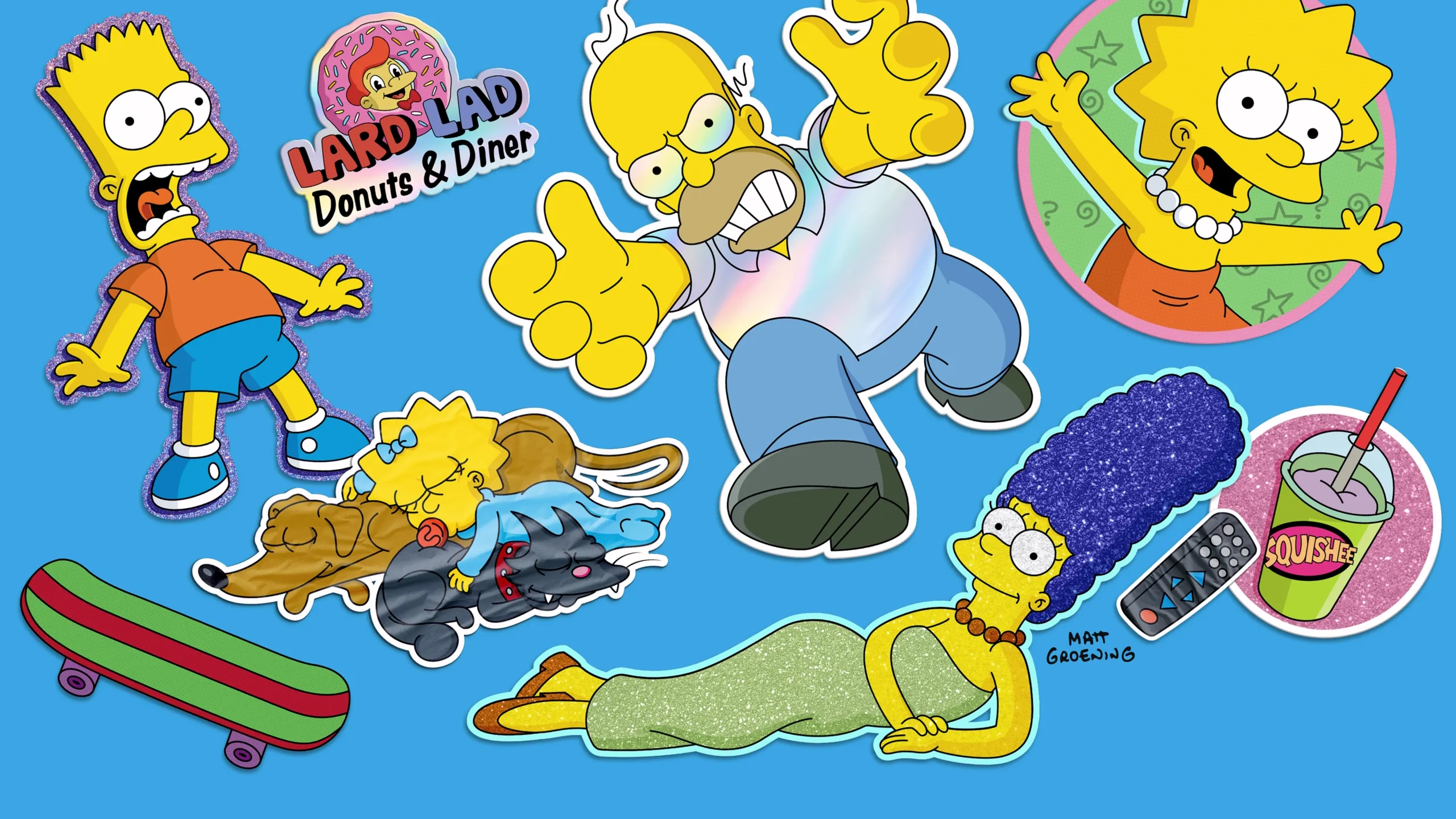 The image displays various characters and iconic items from the long-running animated sitcom The Simpsons.