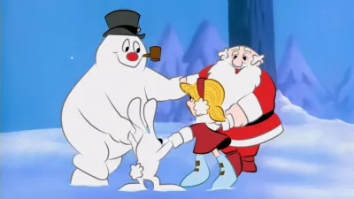 An animated snowman, rabbit, Santa Claus, and a young girl holding hands in the snow from the Christmas movie Frosty the Snowman.