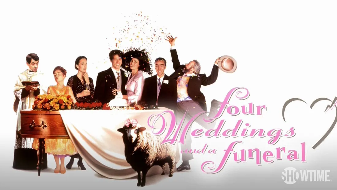 Title art for Four Weddings and a Funeral, featuring Hugh Grant, Andie MacDowell, and the rest of the cast.