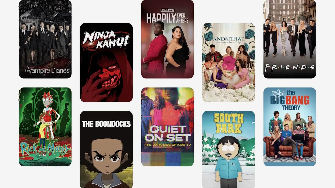 Graphic art featuring the title art for several Max titles available on Hulu with the Max Add-on.