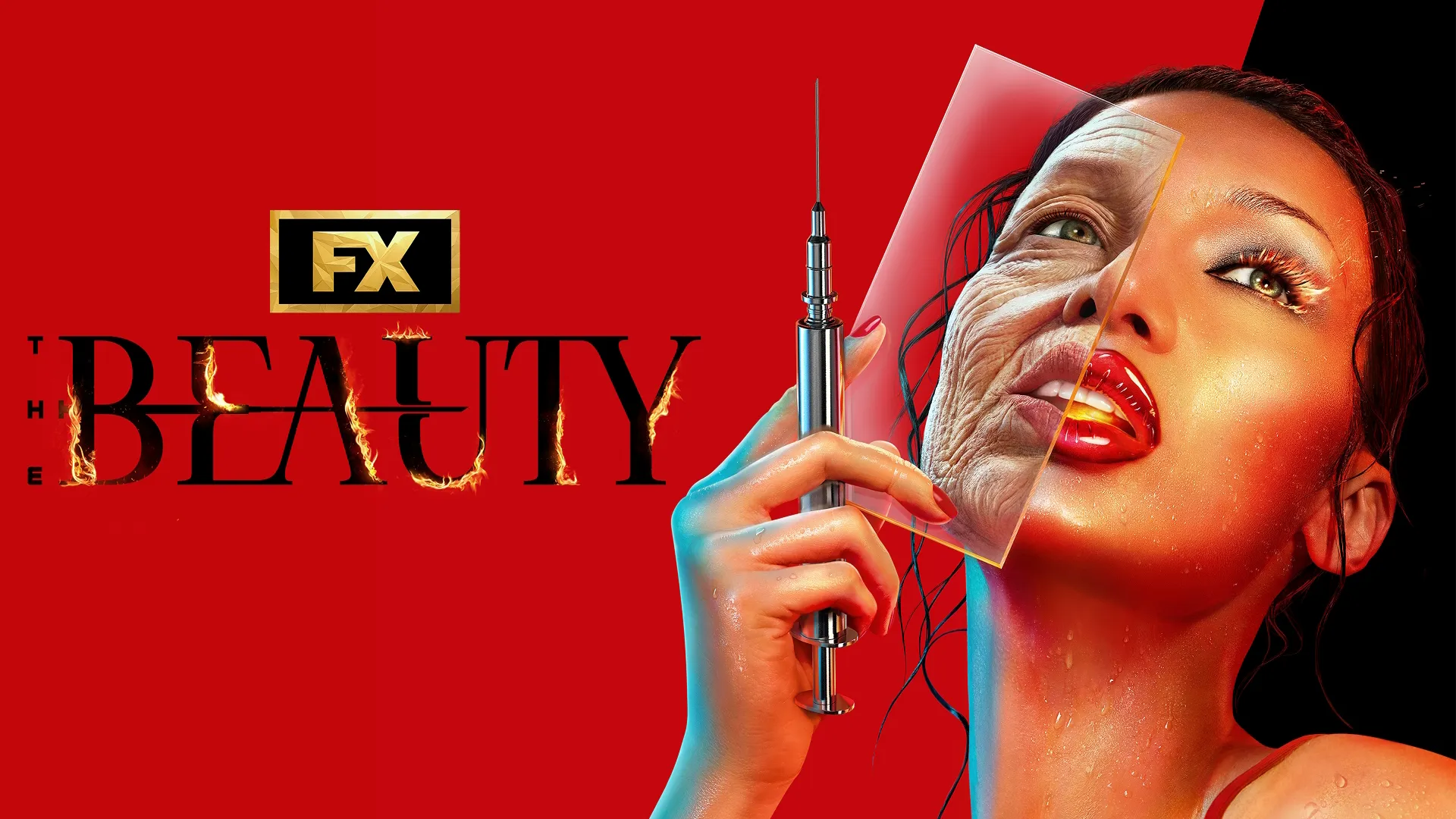 Ruby (Bella Hadid) looks upward with a direct gaze while holding a clear piece of plastic over half her face to reveal an aged, wrinkled reflection, set against the bold title text for The Beauty.