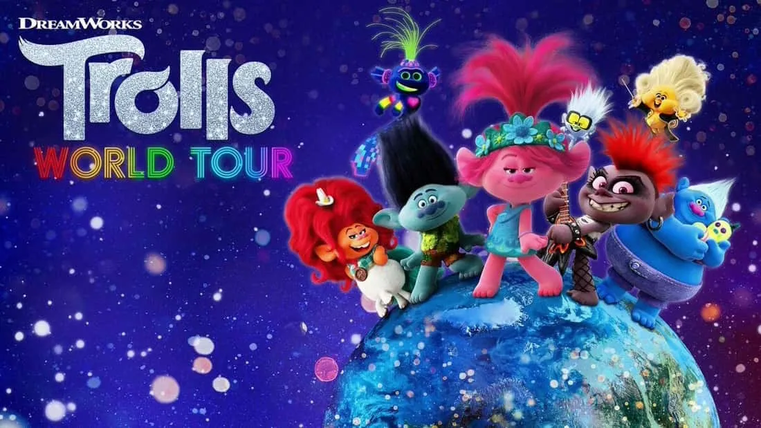 Title art for the kids movie Trolls World Tour.