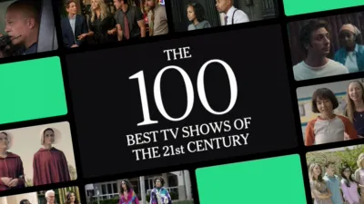 A collage of various television show posters surrounds a central black graphic text box that reads "THE 100 BEST TV SHOWS OF THE 21st CENTURY."