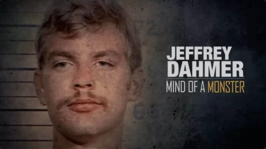 Title art for the true crime documentary Jeffrey Dahmer: Mind of a Monster.