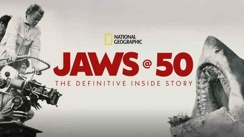 Title art for the National Geographic documentary Jaws @ 50: The Definitive Inside Story.