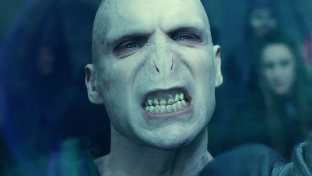 A still image of Ralph Fiennes as Lord Voldemort.