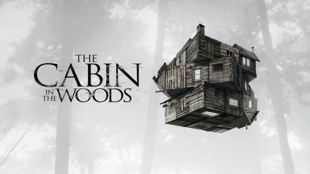 Poster for The Cabin in the Woods featuring the film title beside an eerie wooden cabin twisted into a cube shape, suspended against a foggy forest background.