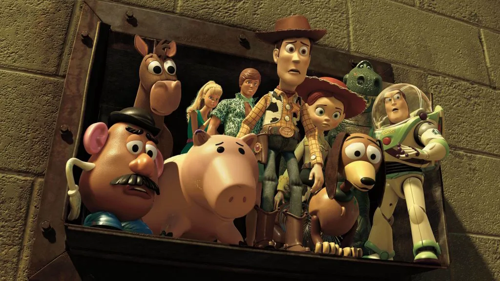 A still image from the movie Toy Story 3, part of the Toy Story franchise with Tom Hanks as Woody.