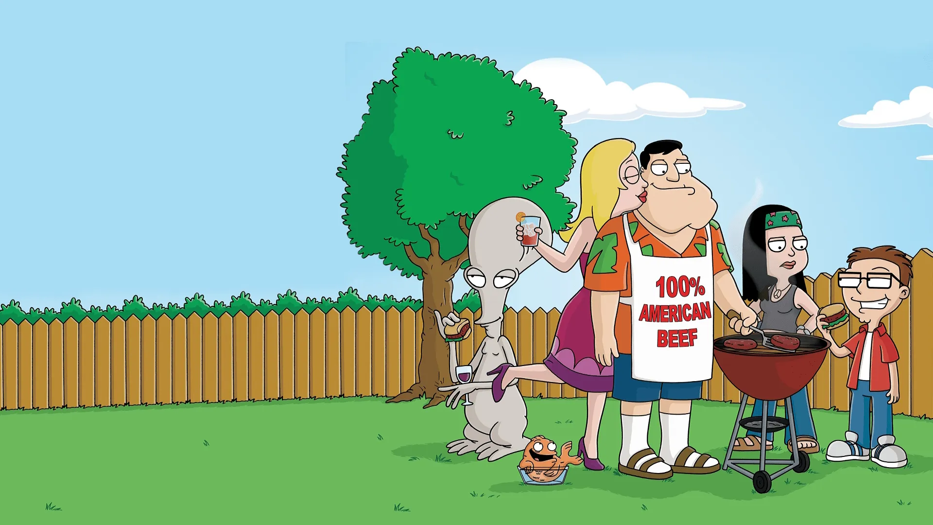 The image shows the main family and characters from the animated sitcom American Dad! enjoying a backyard barbecue.