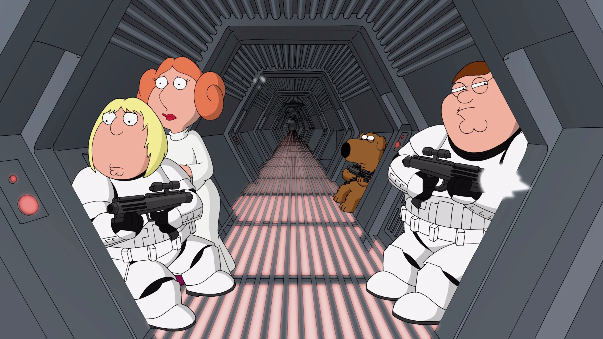 A still image from the hallway scene from the Family Guy Star Wars episode “Blue Harvest.”