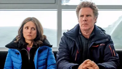 A still image from Downhill, a movie with Will Ferrell and Julia Louis-Dreyfus.