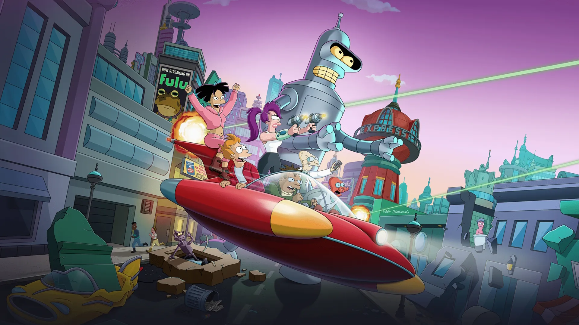 The image shows the promotional poster for the animated sci-fi comedy series Futurama, created by Matt Groening and David X. Cohen.